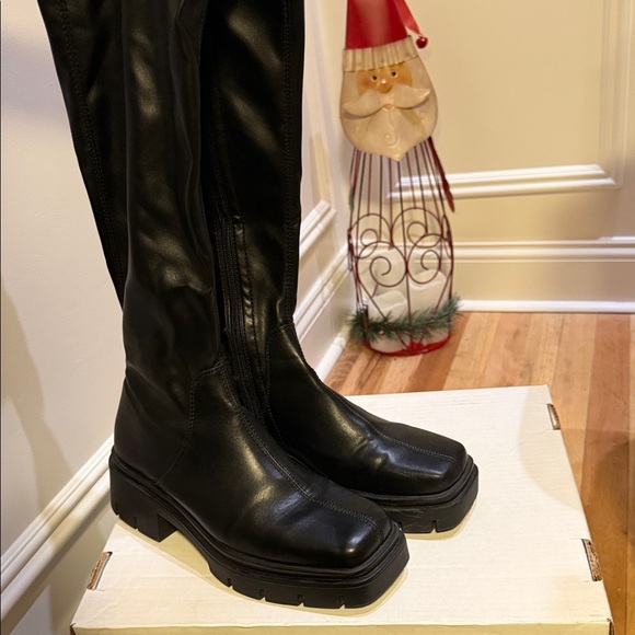 Shoes - Women's Faux Tall Leather Boots black platform